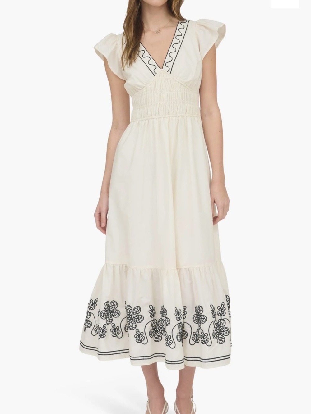 Cream Maxi Dress with Black Embroidered Hem